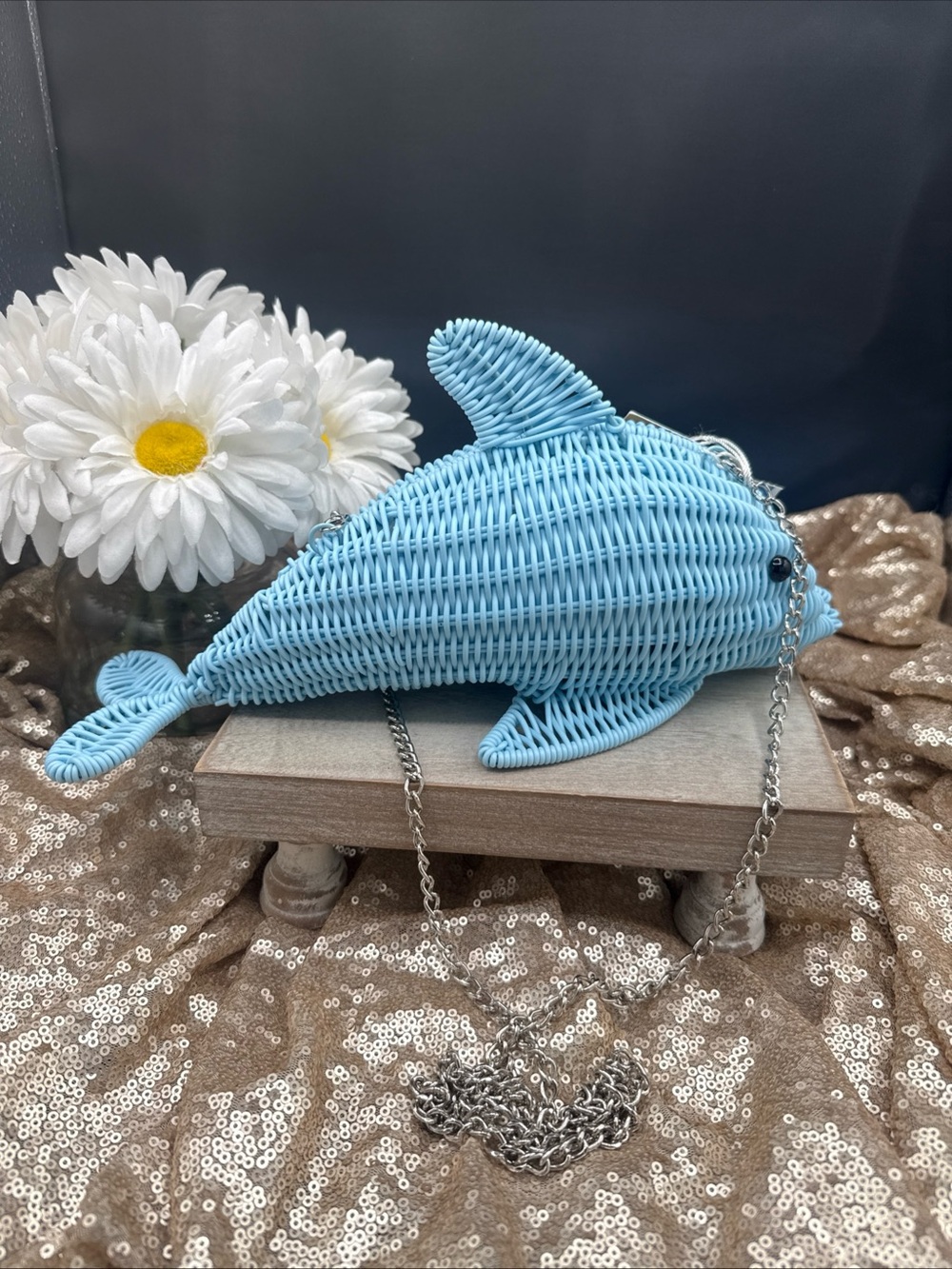 NWT Tommy Bahama Blue Wicker Dolphin Crossbody Bag Clutch purse